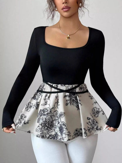 Floral Print Peplum Hem Long Sleeve Top-Nordavory