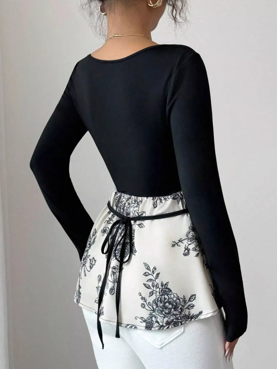 Floral Print Peplum Hem Long Sleeve Top-Nordavory