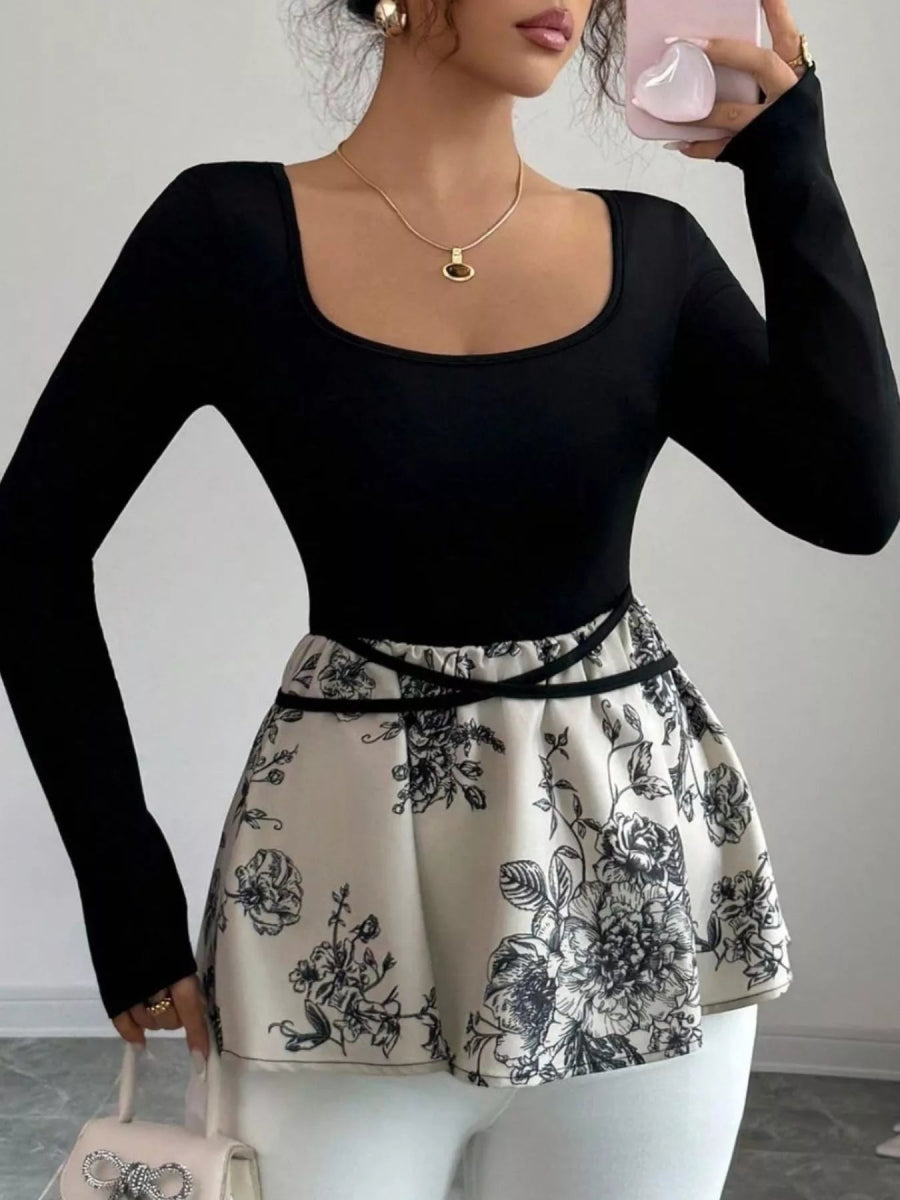 Floral Print Peplum Hem Long Sleeve Top-Nordavory