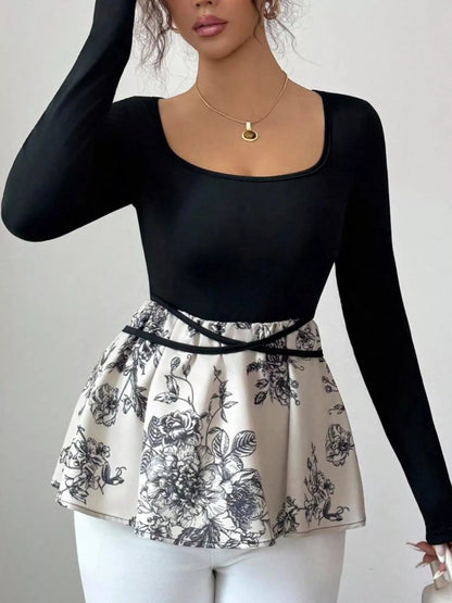 Floral Print Peplum Hem Long Sleeve Top-Nordavory