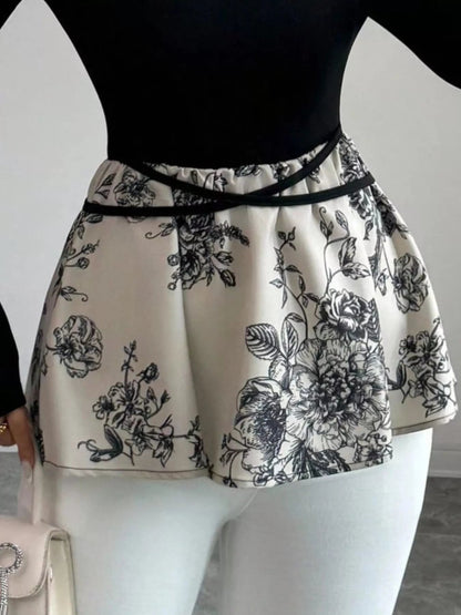 Floral Print Peplum Hem Long Sleeve Top-Nordavory
