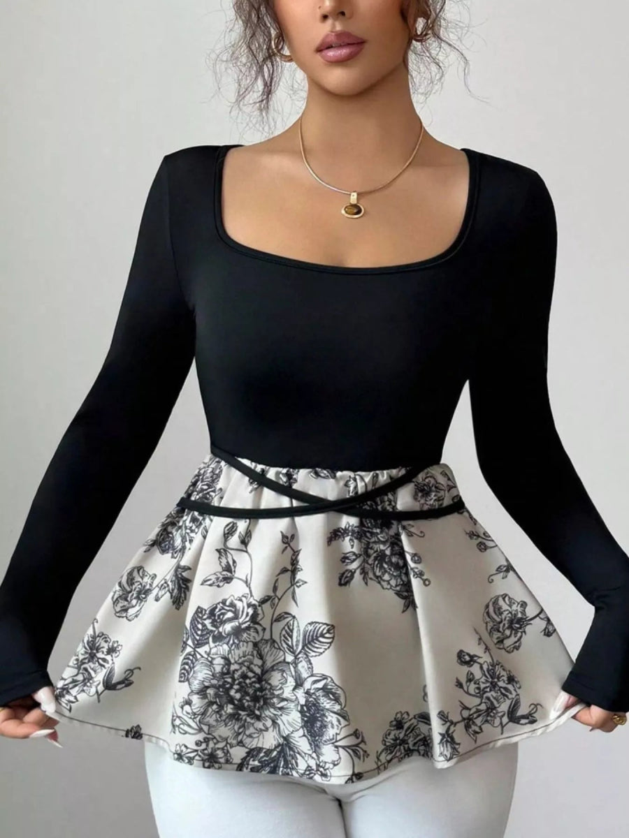 Floral Print Peplum Hem Long Sleeve Top-Nordavory