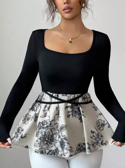 Floral Print Peplum Hem Long Sleeve Top-Nordavory