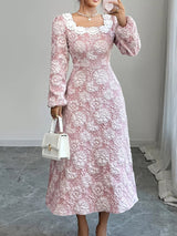 Floral Textured Square Neck Midi Dress - Nordavory