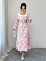 Floral Textured Square Neck Midi Dress - Nordavory