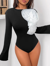 Flower Round Neck Long Sleeve Bodysuit - Nordavory