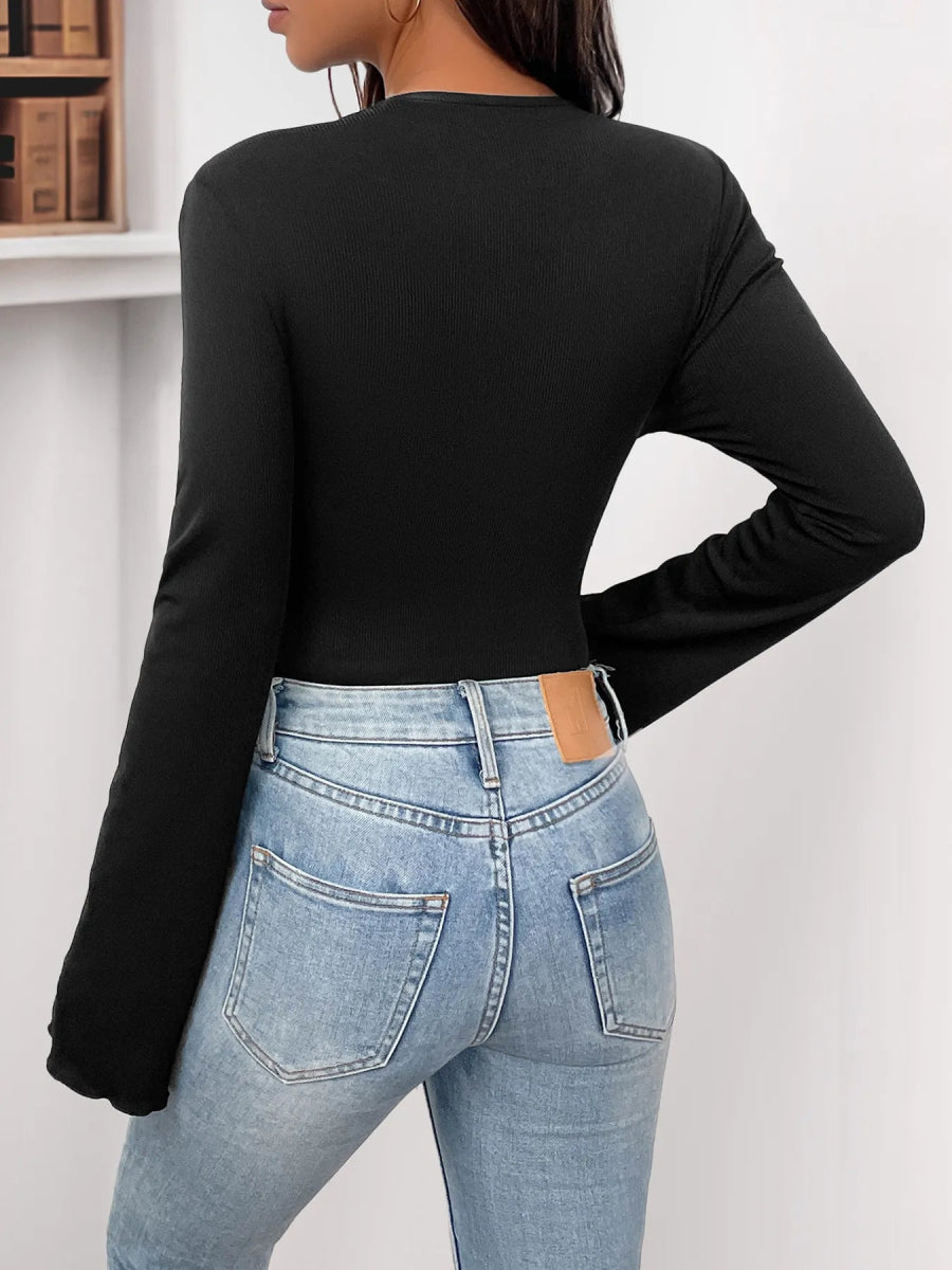 Flower Round Neck Long Sleeve Bodysuit-Nordavory