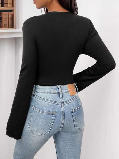 Flower Round Neck Long Sleeve Bodysuit-Nordavory