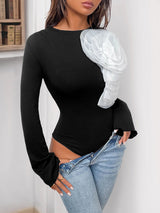 Flower Round Neck Long Sleeve Bodysuit - Nordavory