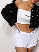 Fringe Button Up Cropped Denim Jacket - Nordavory