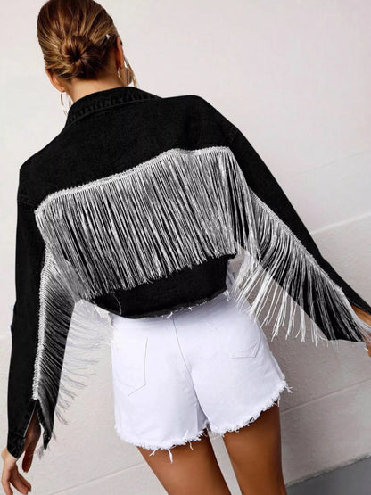 Fringe Button Up Cropped Denim Jacket-Nordavory