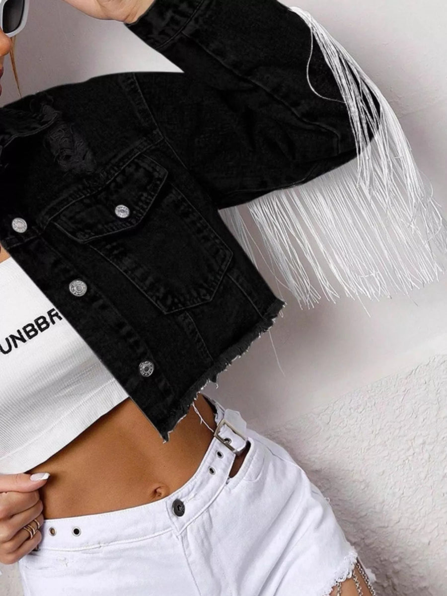 Fringe Button Up Cropped Denim Jacket-Nordavory