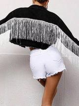 Fringe Button Up Cropped Denim Jacket - Nordavory