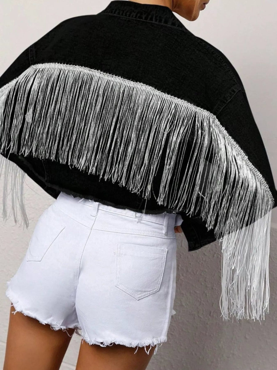 Fringe Button Up Cropped Denim Jacket-Nordavory