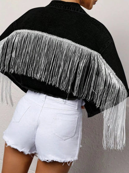 Fringe Button Up Cropped Denim Jacket-Nordavory