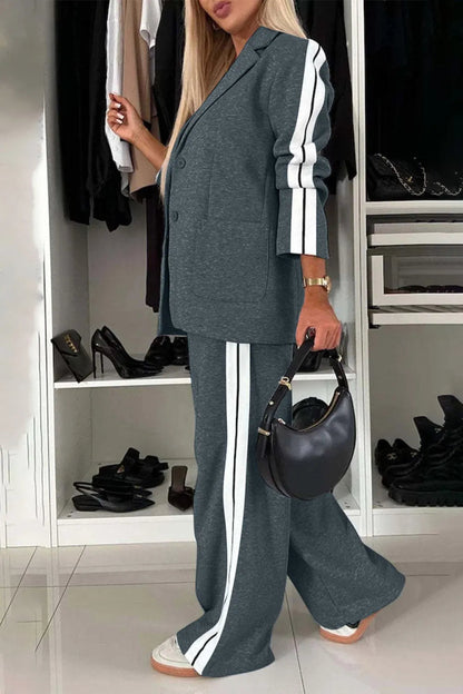 Full Size Contrast Lapel Collar Top and Pants Set-Nordavory