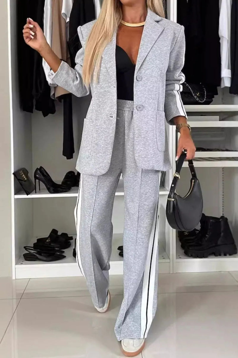 Full Size Contrast Lapel Collar Top and Pants Set-Nordavory