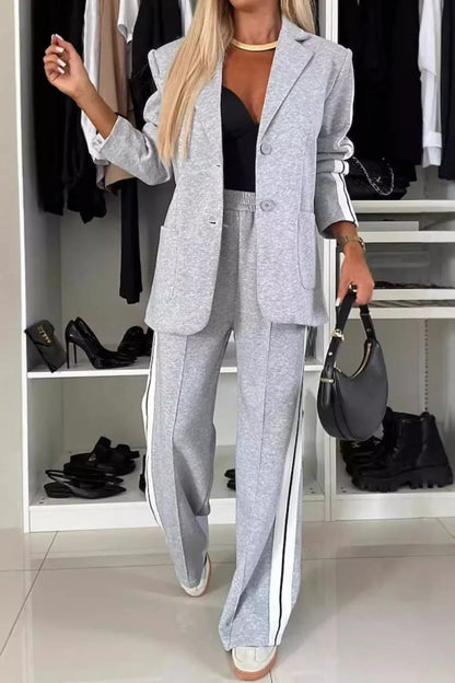 Full Size Contrast Lapel Collar Top and Pants Set-Nordavory