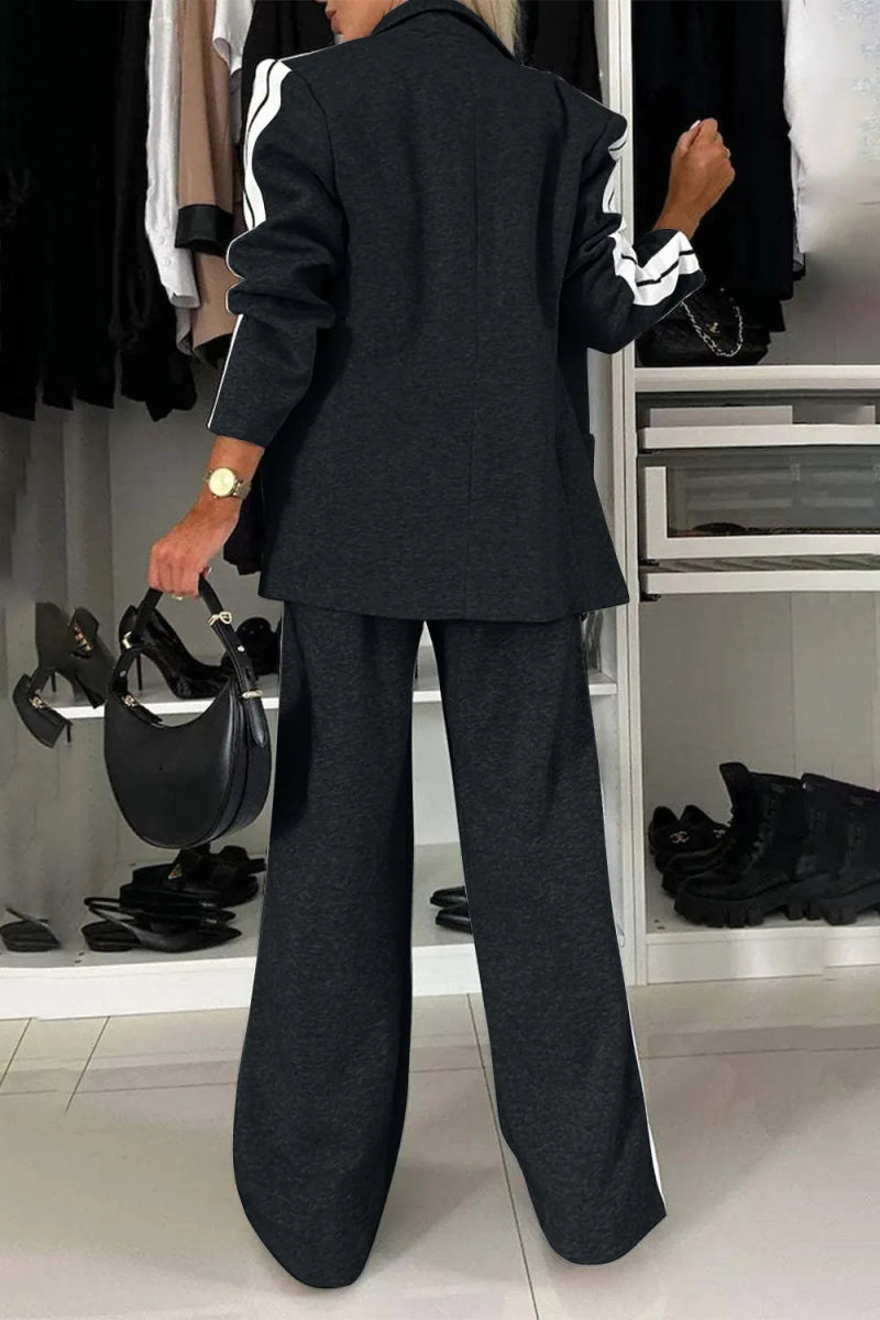 Full Size Contrast Lapel Collar Top and Pants Set-Nordavory