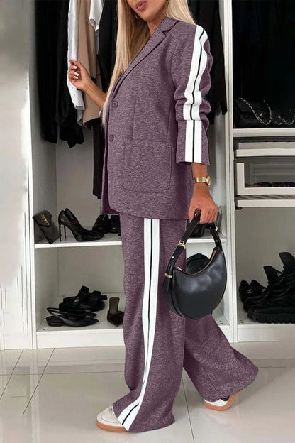 Full Size Contrast Lapel Collar Top and Pants Set-Nordavory