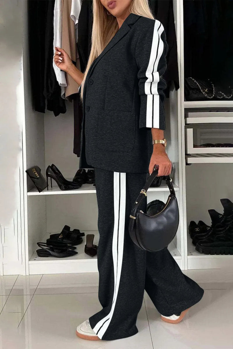 Full Size Contrast Lapel Collar Top and Pants Set-Nordavory
