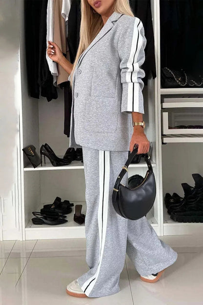 Full Size Contrast Lapel Collar Top and Pants Set-Nordavory