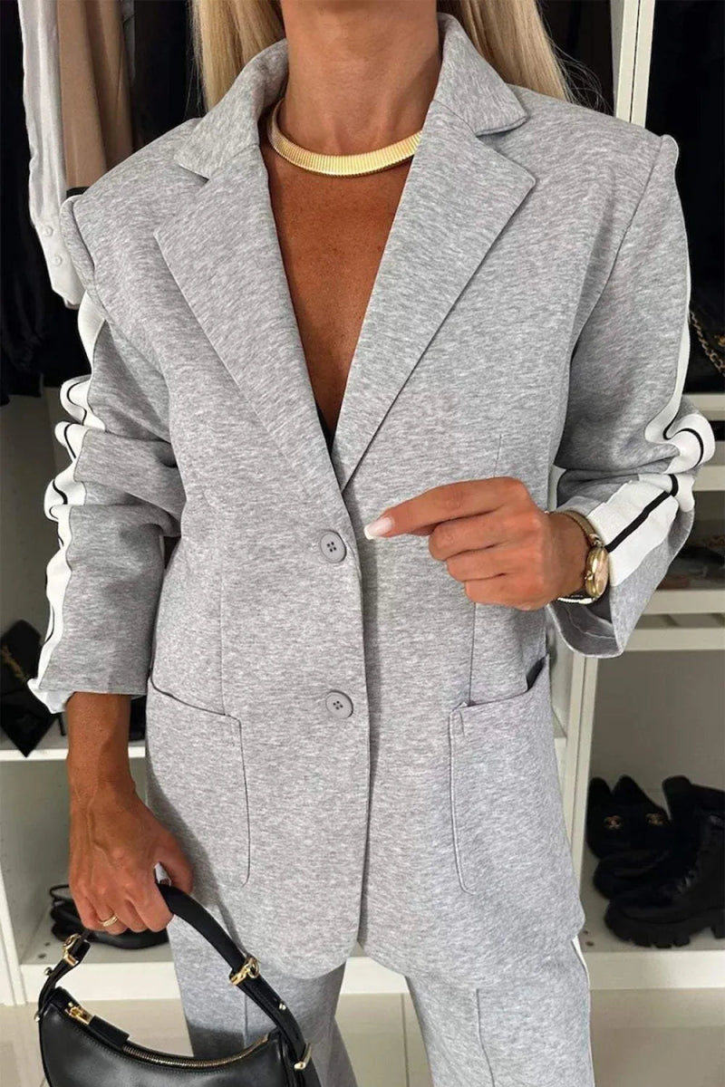 Full Size Contrast Lapel Collar Top and Pants Set-Nordavory