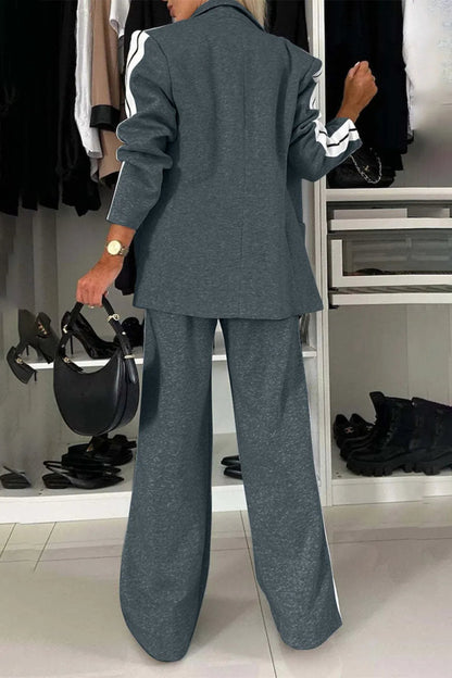 Full Size Contrast Lapel Collar Top and Pants Set-Nordavory