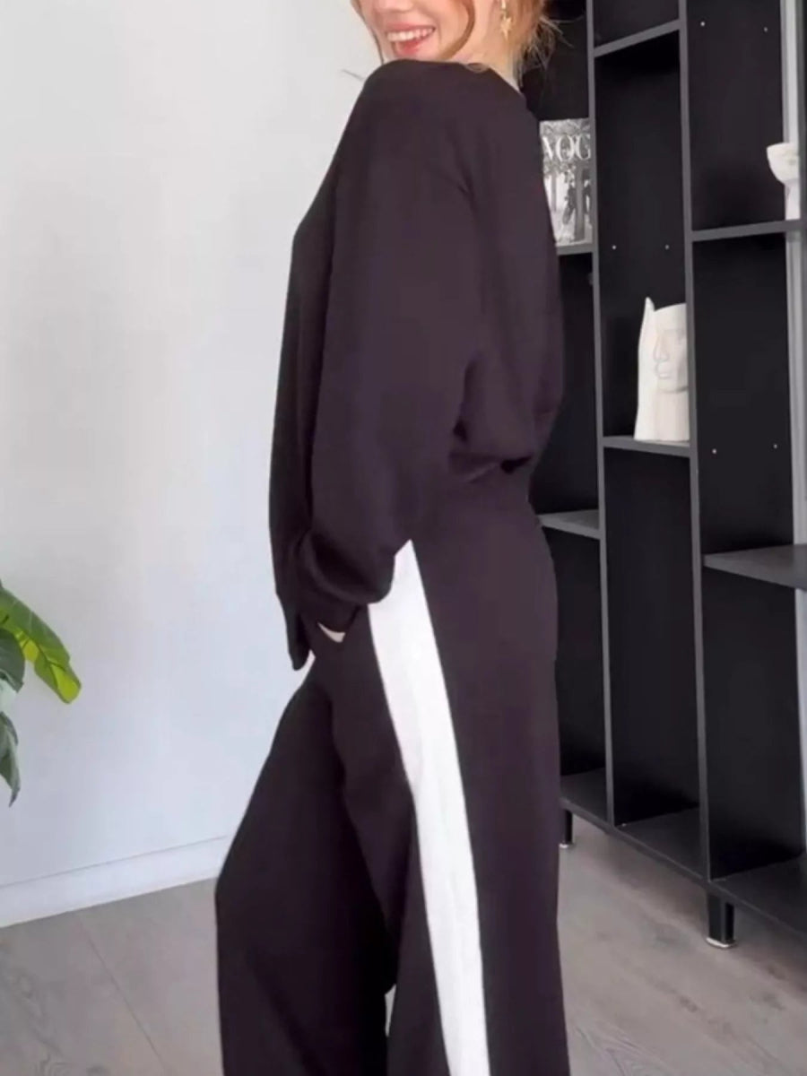 Full Size Contrast Round Neck Top and Pants Set Plus Size-Nordavory
