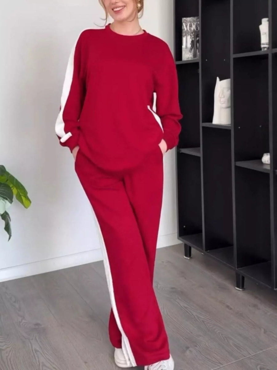 Full Size Contrast Round Neck Top and Pants Set Plus Size-Nordavory