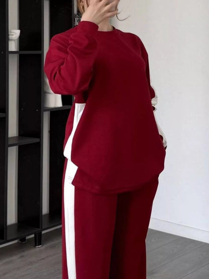 Full Size Contrast Round Neck Top and Pants Set Plus Size-Nordavory