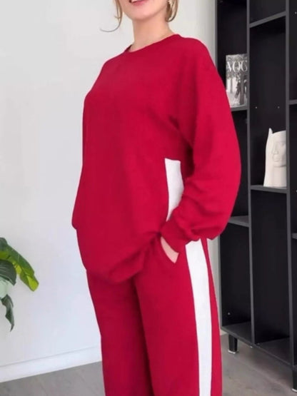 Full Size Contrast Round Neck Top and Pants Set Plus Size-Nordavory