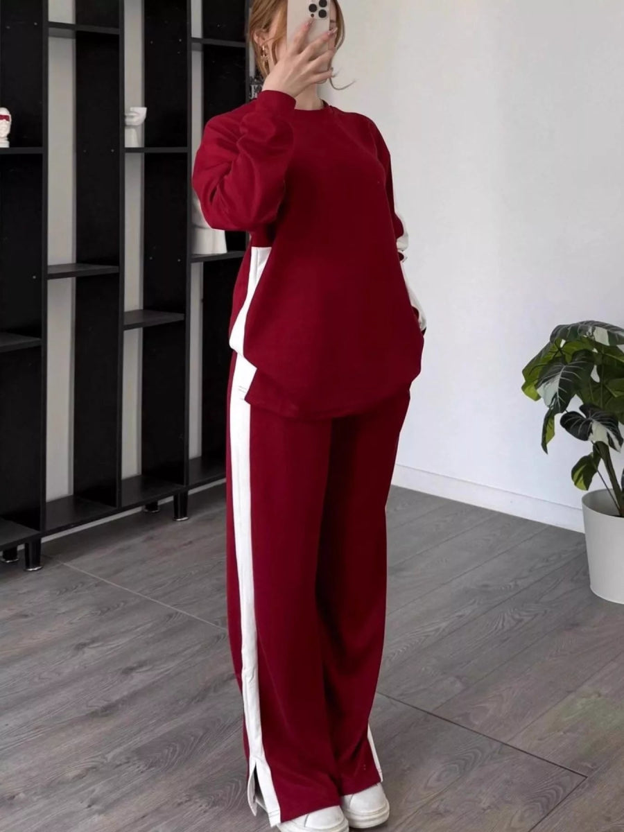 Full Size Contrast Round Neck Top and Pants Set Plus Size-Nordavory