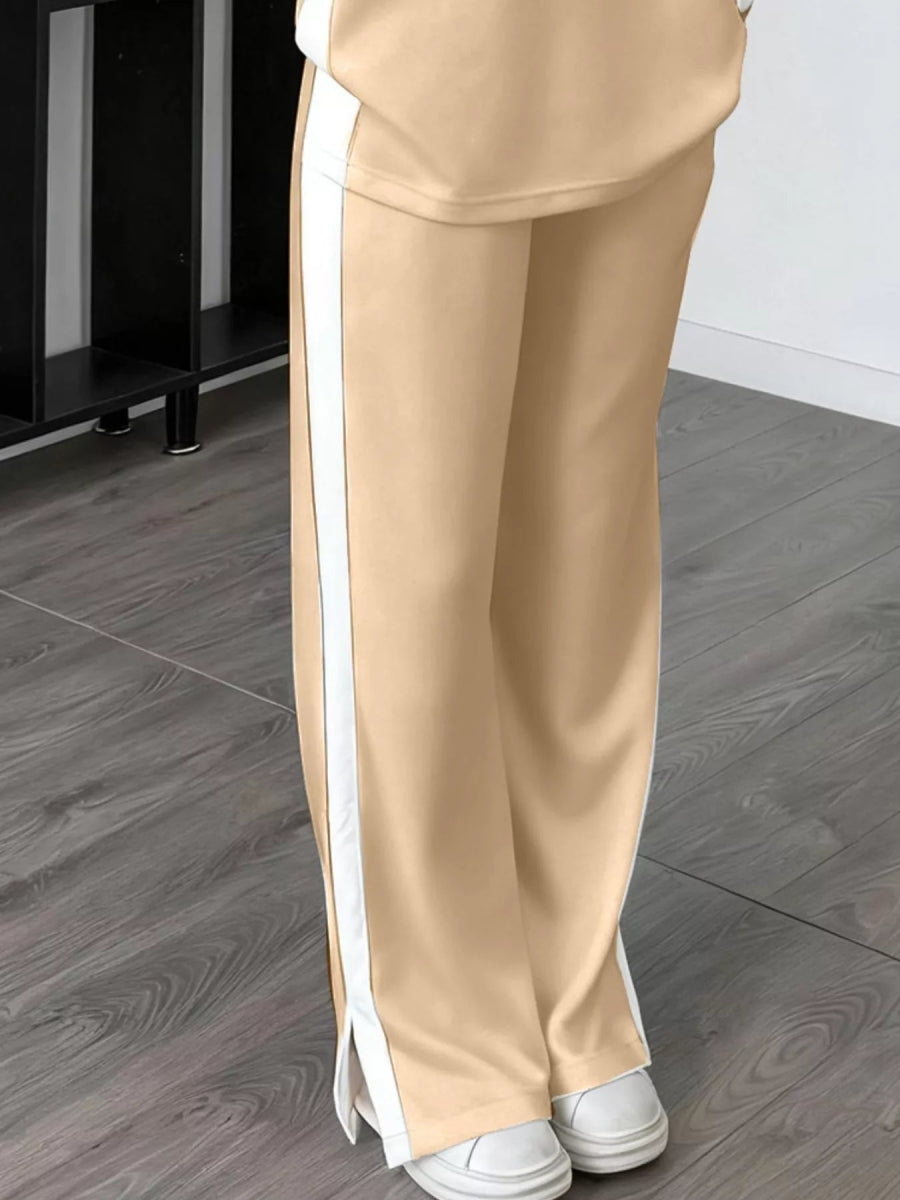 Full Size Contrast Round Neck Top and Pants Set Plus Size-Nordavory