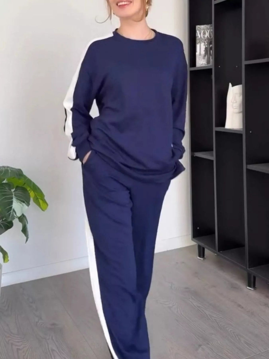 Full Size Contrast Round Neck Top and Pants Set Plus Size-Nordavory