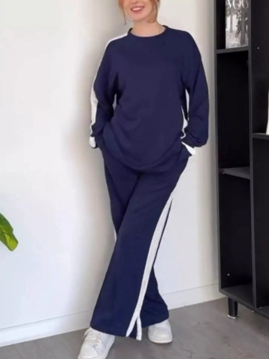 Full Size Contrast Round Neck Top and Pants Set Plus Size-Nordavory