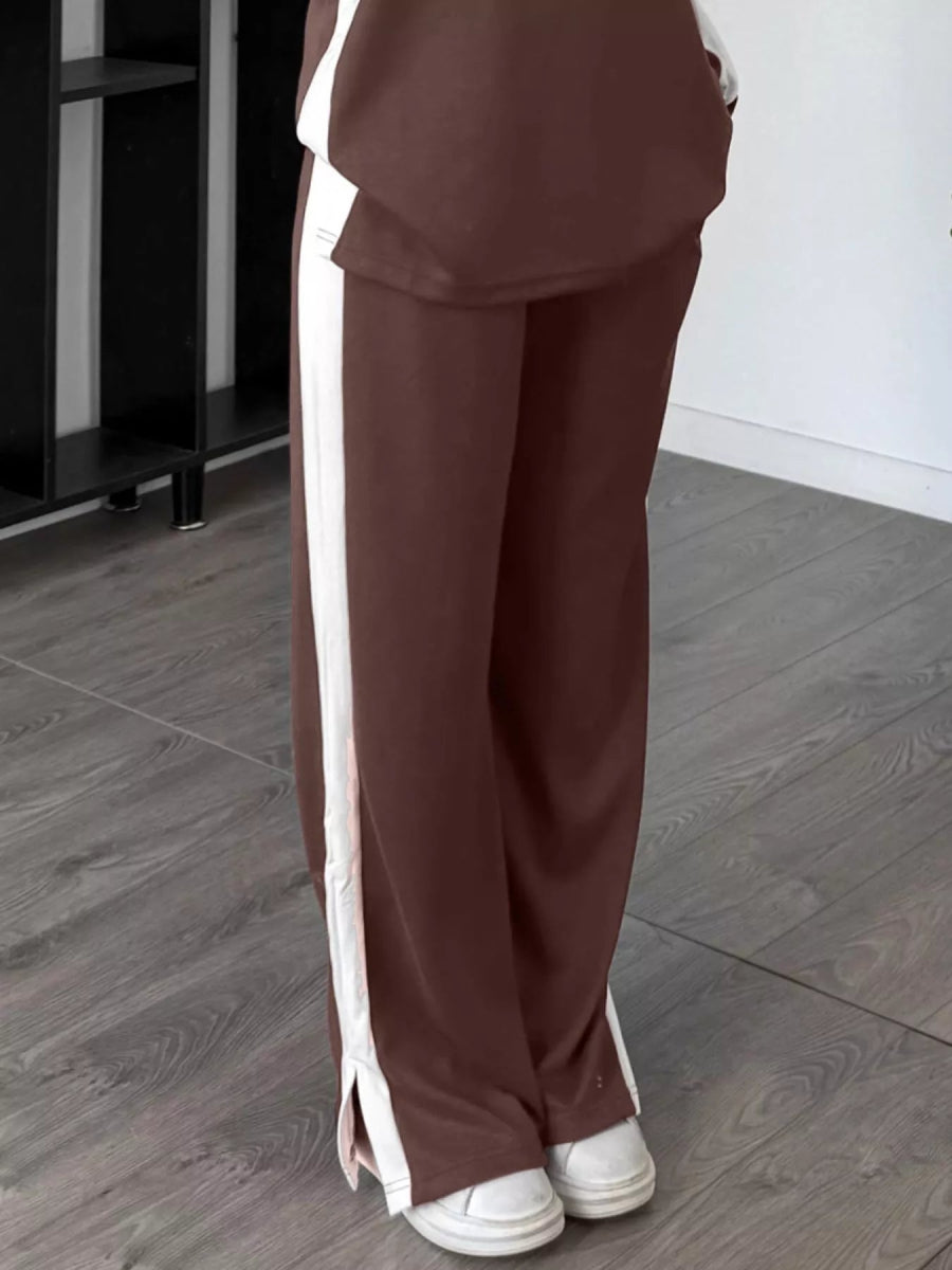 Full Size Contrast Round Neck Top and Pants Set Plus Size-Nordavory