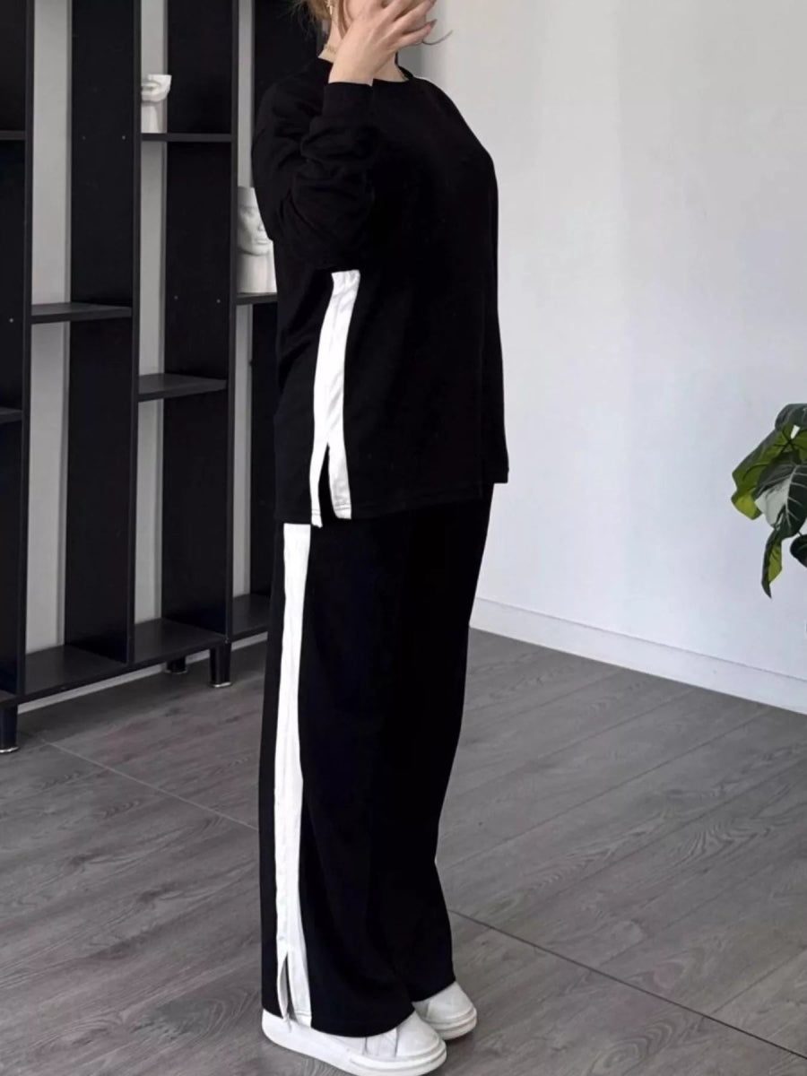 Full Size Contrast Round Neck Top and Pants Set Plus Size-Nordavory