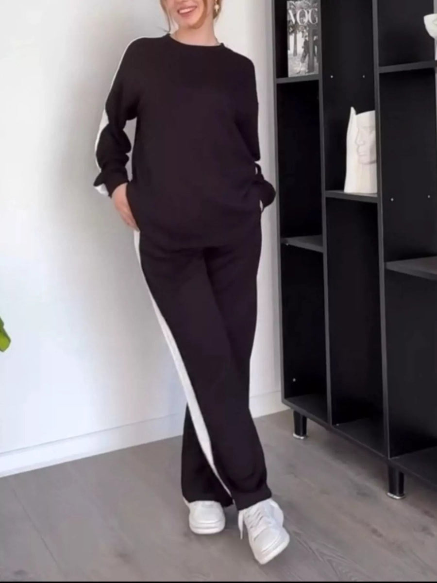 Full Size Contrast Round Neck Top and Pants Set Plus Size-Nordavory