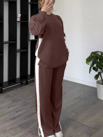 Full Size Contrast Round Neck Top and Pants Set Plus Size-Nordavory