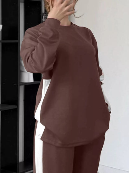 Full Size Contrast Round Neck Top and Pants Set Plus Size-Nordavory