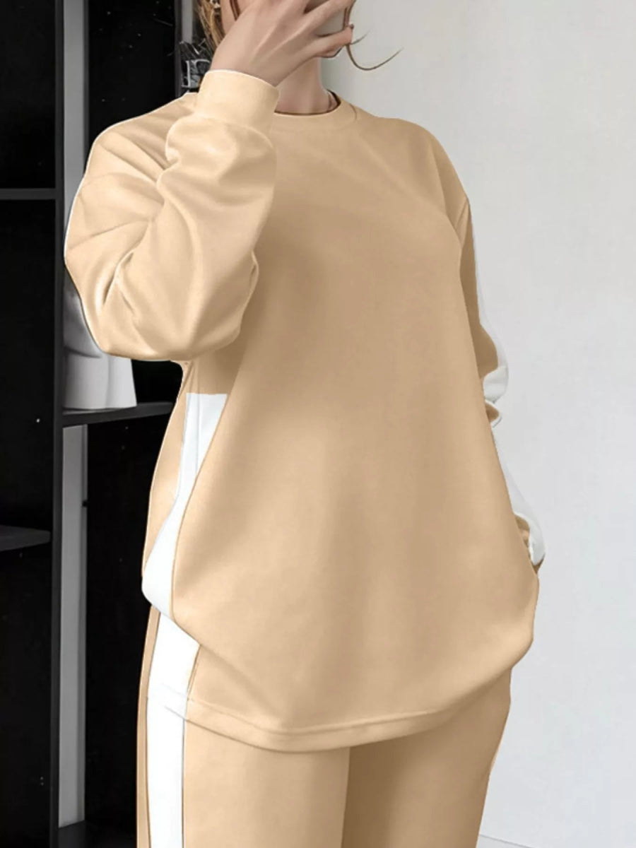 Full Size Contrast Round Neck Top and Pants Set Plus Size-Nordavory