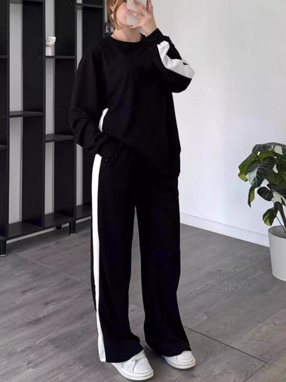 Full Size Contrast Round Neck Top and Pants Set Plus Size-Nordavory