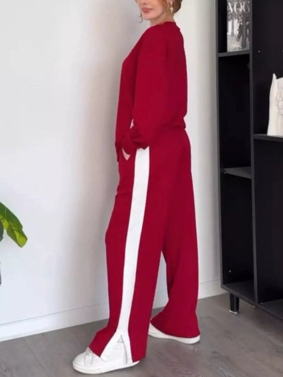 Full Size Contrast Round Neck Top and Pants Set Plus Size-Nordavory