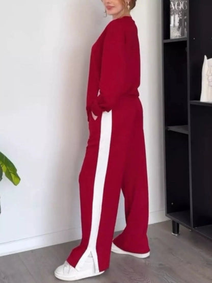 Full Size Contrast Round Neck Top and Pants Set Plus Size-Nordavory