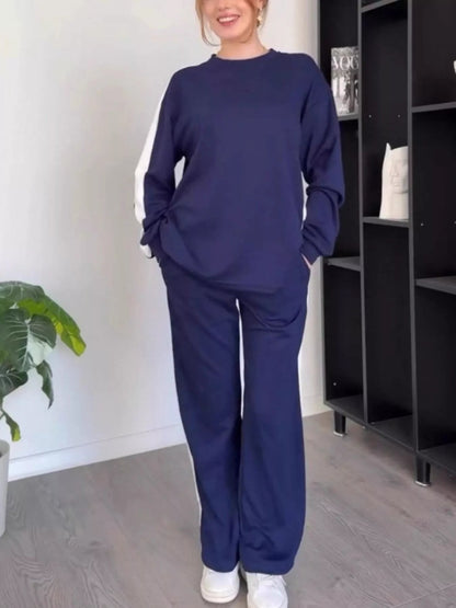 Full Size Contrast Round Neck Top and Pants Set Plus Size-Nordavory