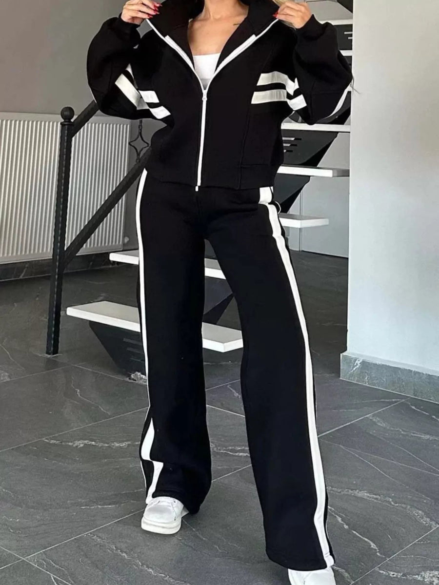 Full Size Contrast Stripe Zip Up Jacket and Pants Set Plus Size-Nordavory