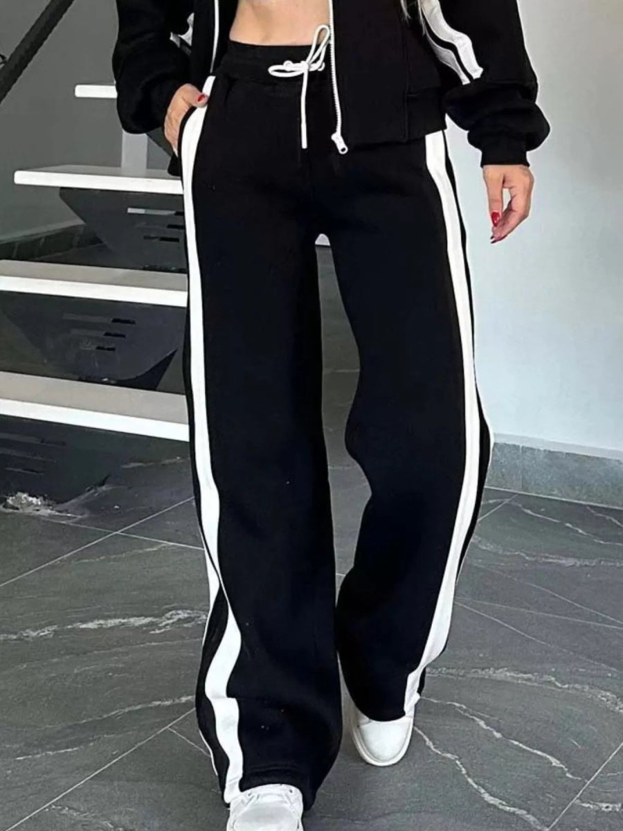 Full Size Contrast Stripe Zip Up Jacket and Pants Set Plus Size-Nordavory