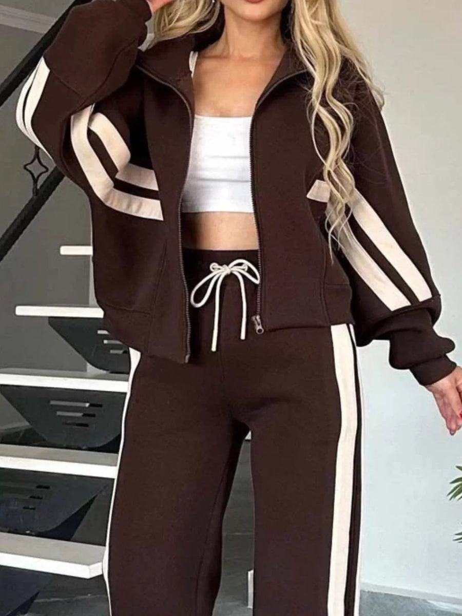 Full Size Contrast Stripe Zip Up Jacket and Pants Set Plus Size-Nordavory