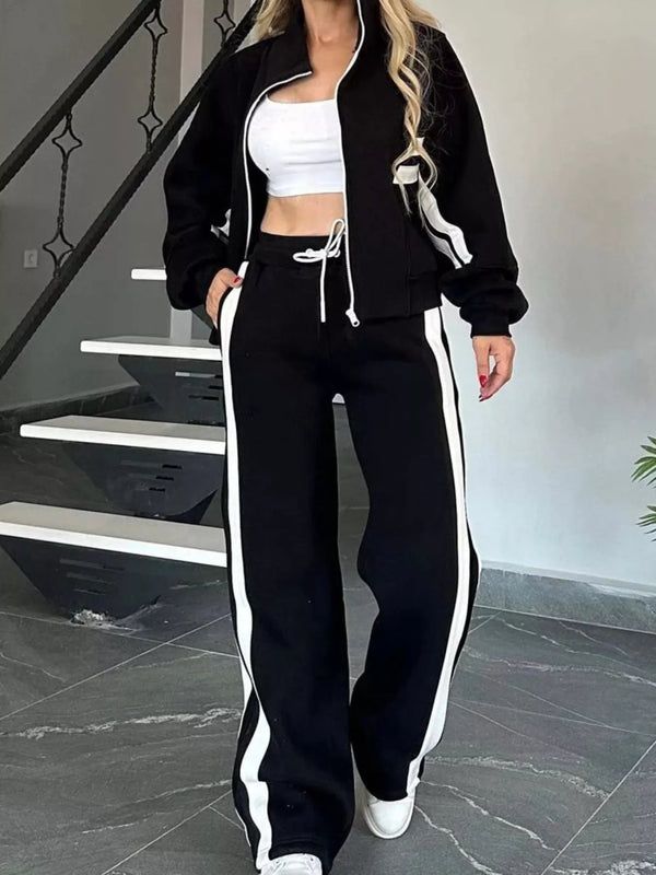 Full Size Contrast Stripe Zip Up Jacket and Pants Set Plus Size-Nordavory